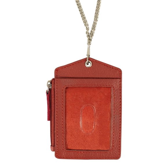 ID Lanyard Card Holder in Genuine Leather with Long Metal Chain for Men/Women - Picture 5 of 8